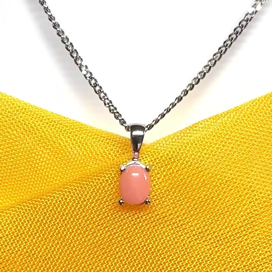 Real coral white gold oval necklace pendant oval shaped