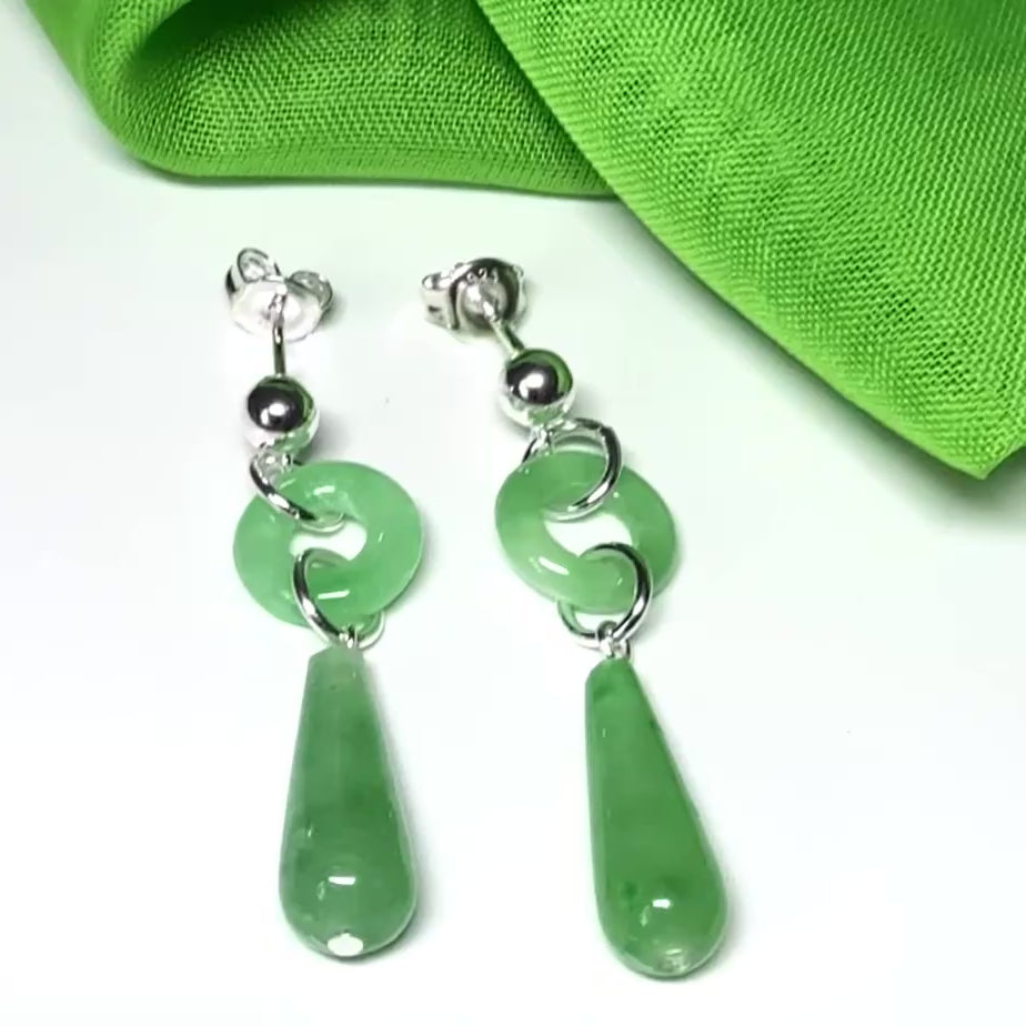 Real green jade drop earrings teardrop shaped and round shaped set in sterling silver