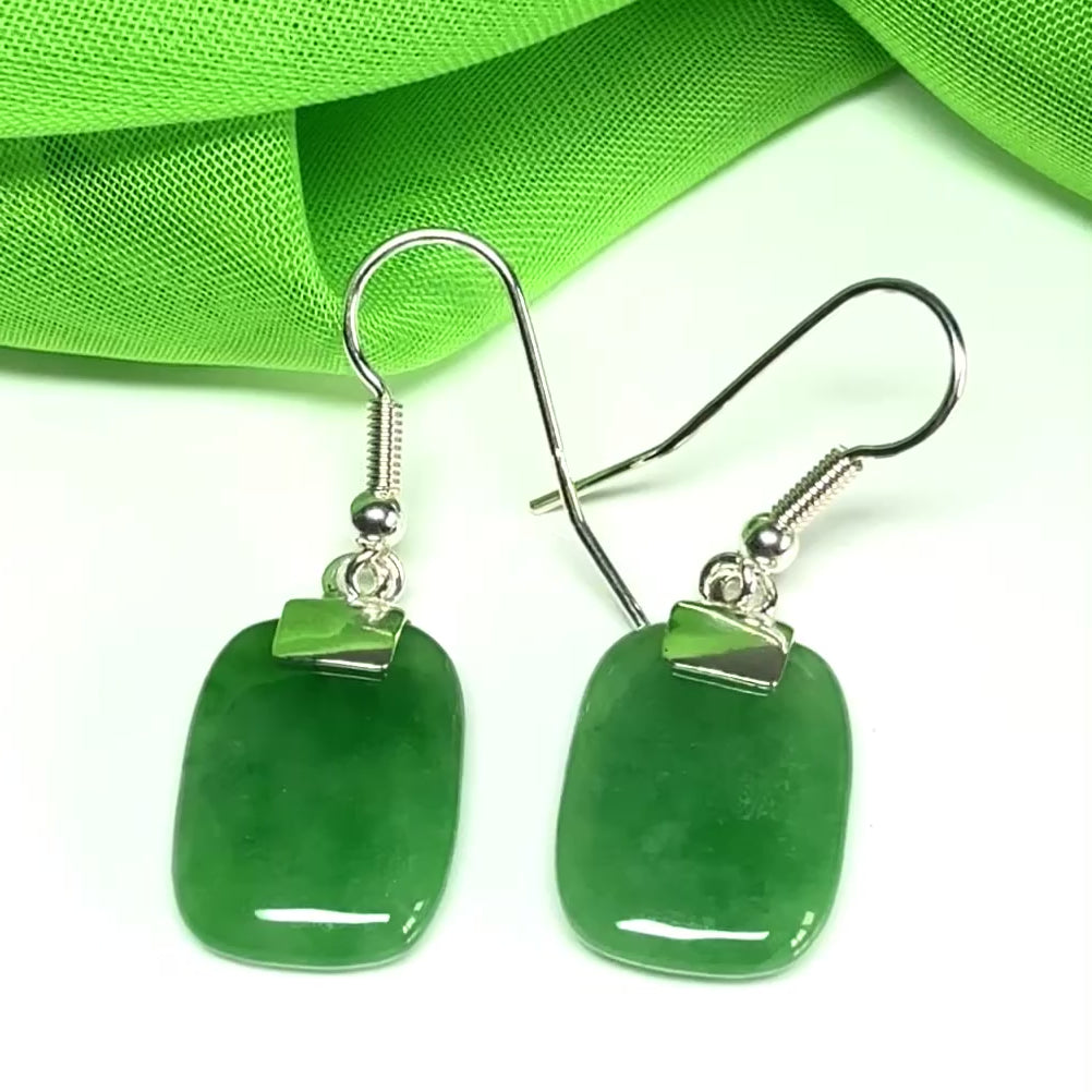 Real green jade cushion shaped sterling silver drop earrings