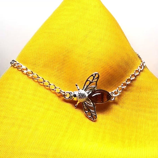 Sterling silver orange real amber bumble bee bracelet