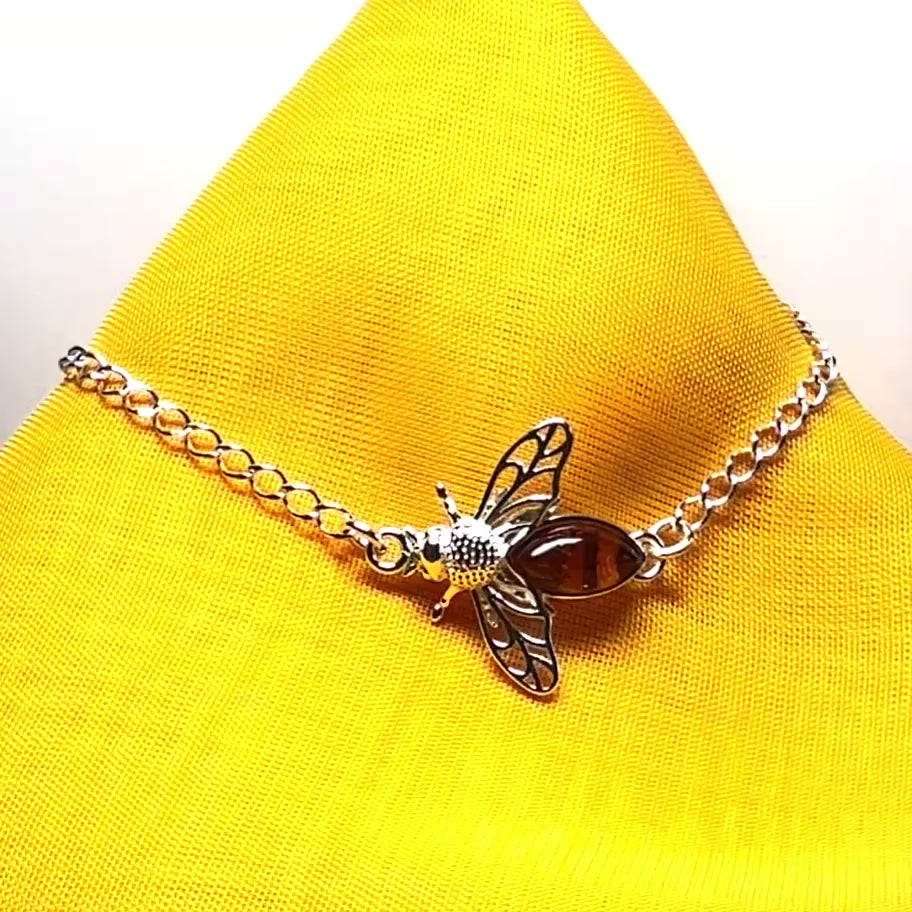 Sterling silver orange real amber bumble bee bracelet