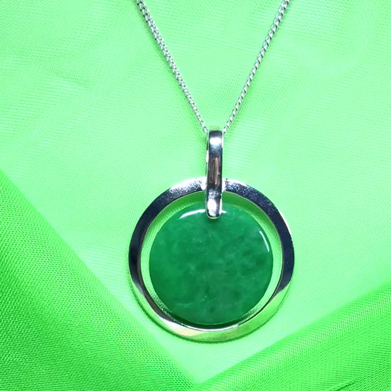 Large sterling silver necklace round shaped dark green real jade pendant