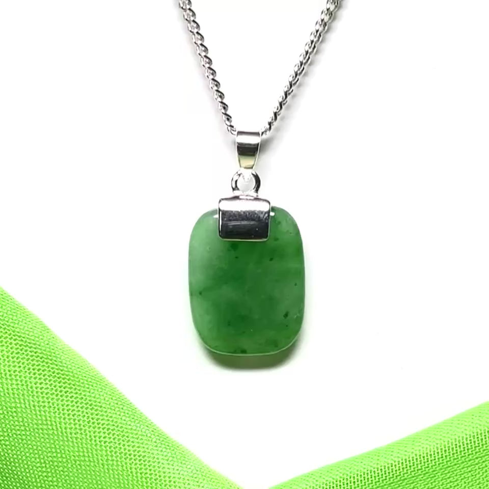 Real green jade necklace cushion shaped stone pendant sterling silver including solid chain