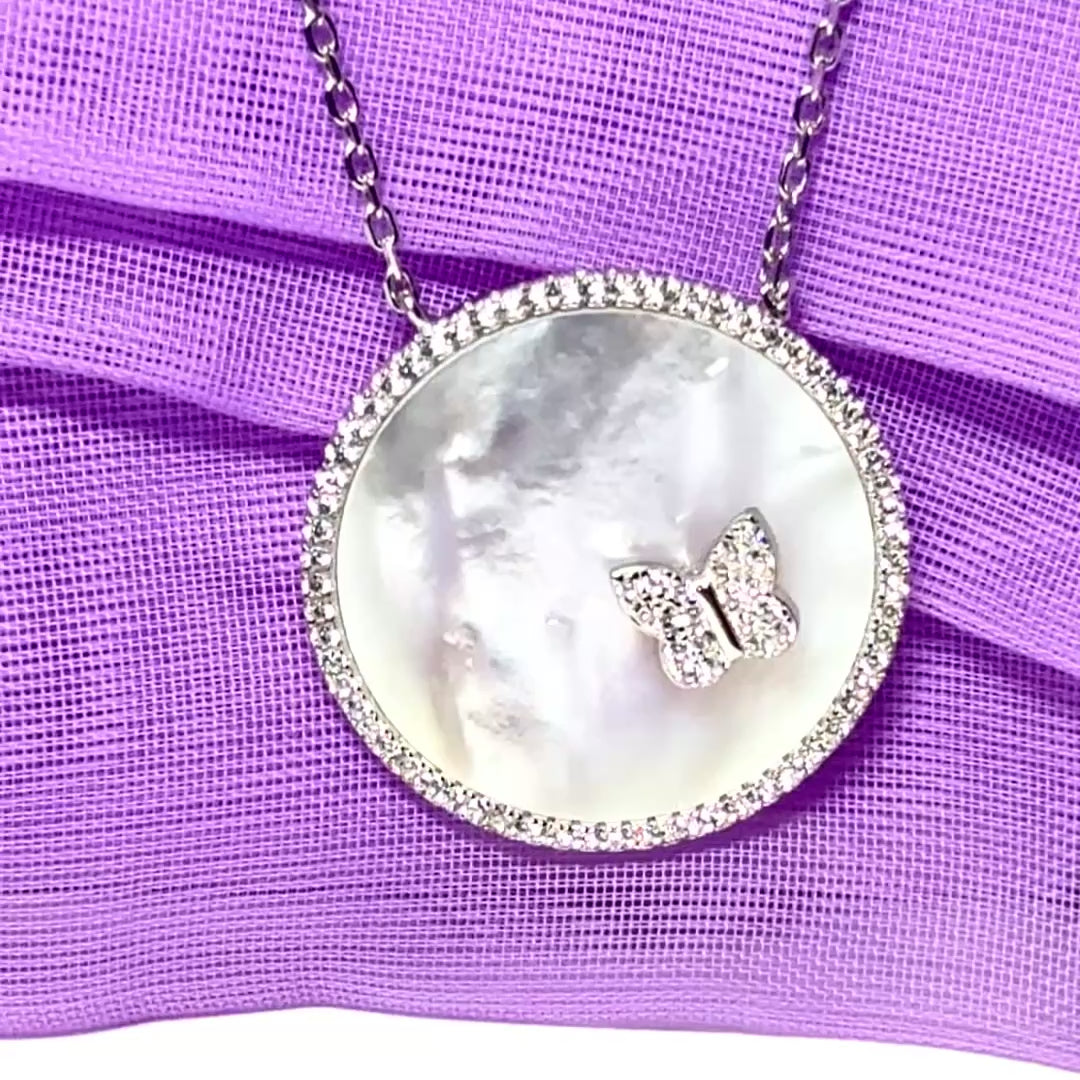 Round butterfly necklace real Mother Of Pearl sterling silver pendant with chain included