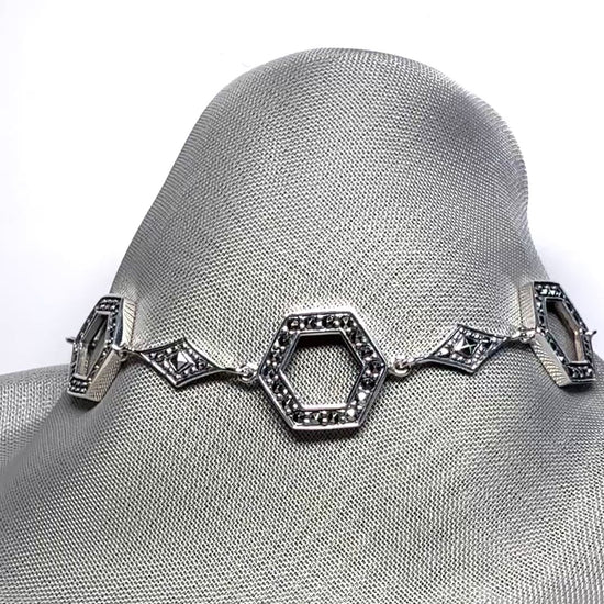 Marcasite bracelet sterling silver ladies open hexagonal fancy link