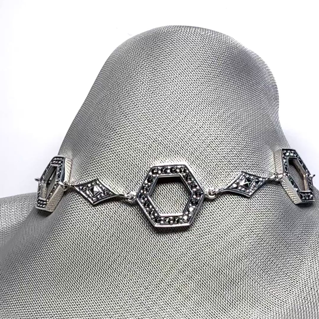 Marcasite bracelet sterling silver ladies open hexagonal fancy link