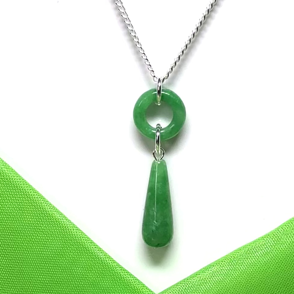Circle and tear drop sterling silver pear shaped green real jade necklace pendant, included with chain
