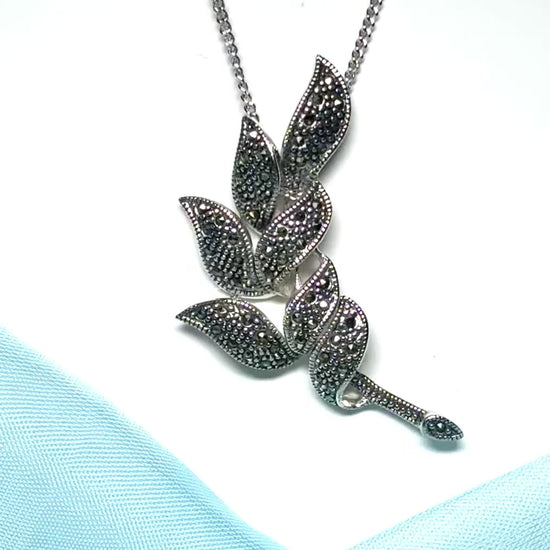 Real marcasite leaf pendant sterling silver necklace