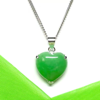 Real green jade necklace heart shape sterling silver