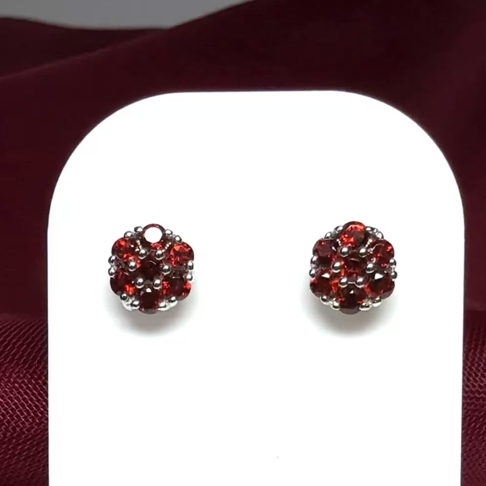 Deep red real garnet white gold daisy cluster stud earrings