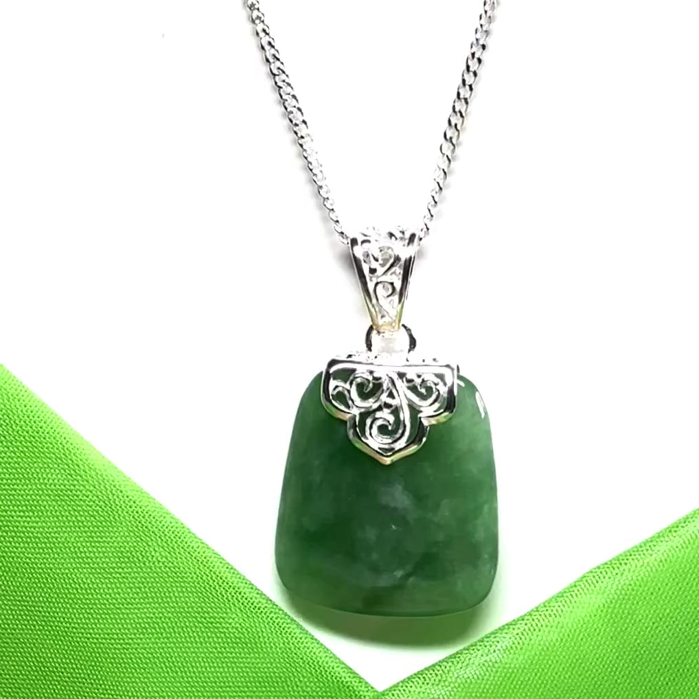 Real jade necklace green sterling silver large cushion shaped pendant, a beautiful necklace