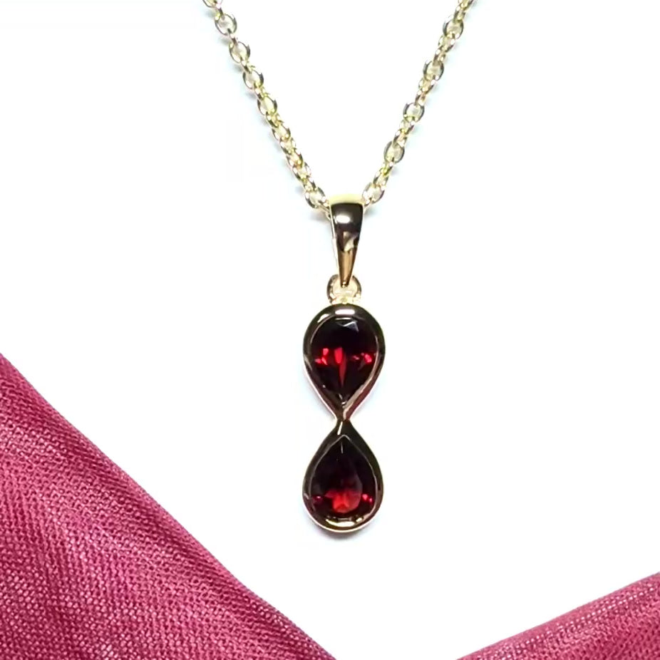 Double real pear cut red garnet stud dropped necklace sterling silver gilt gold plated pendant