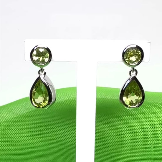 Real peridot double drop earrings green sterling silver rub over