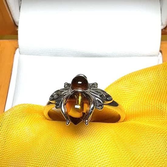 Bumble bee shaped ring real amber sterling silver