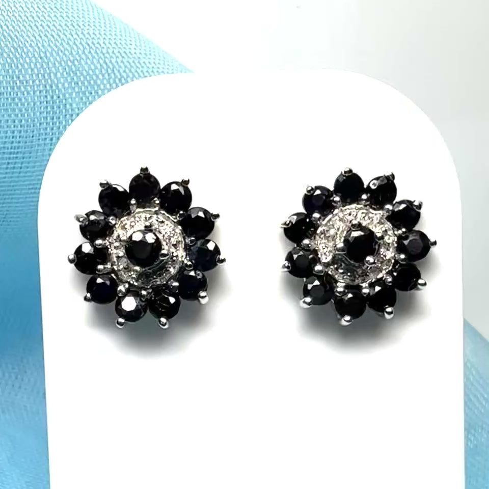 Dark Blue Round Sapphire And Diamond Sterling Silver Cluster Stud Earrings