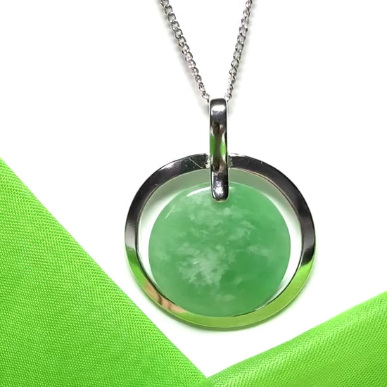 Large necklace sterling silver round shaped green real jade halo styled circle pendant with solid chain