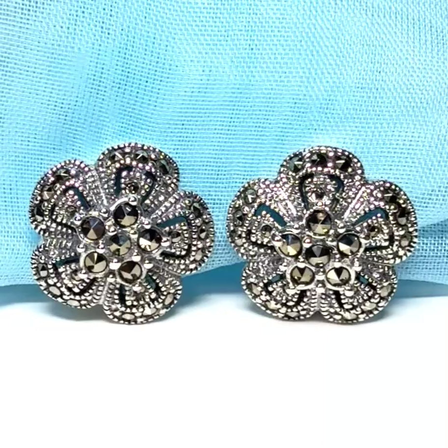 Round clip on earrings with marcasite sterling silver
