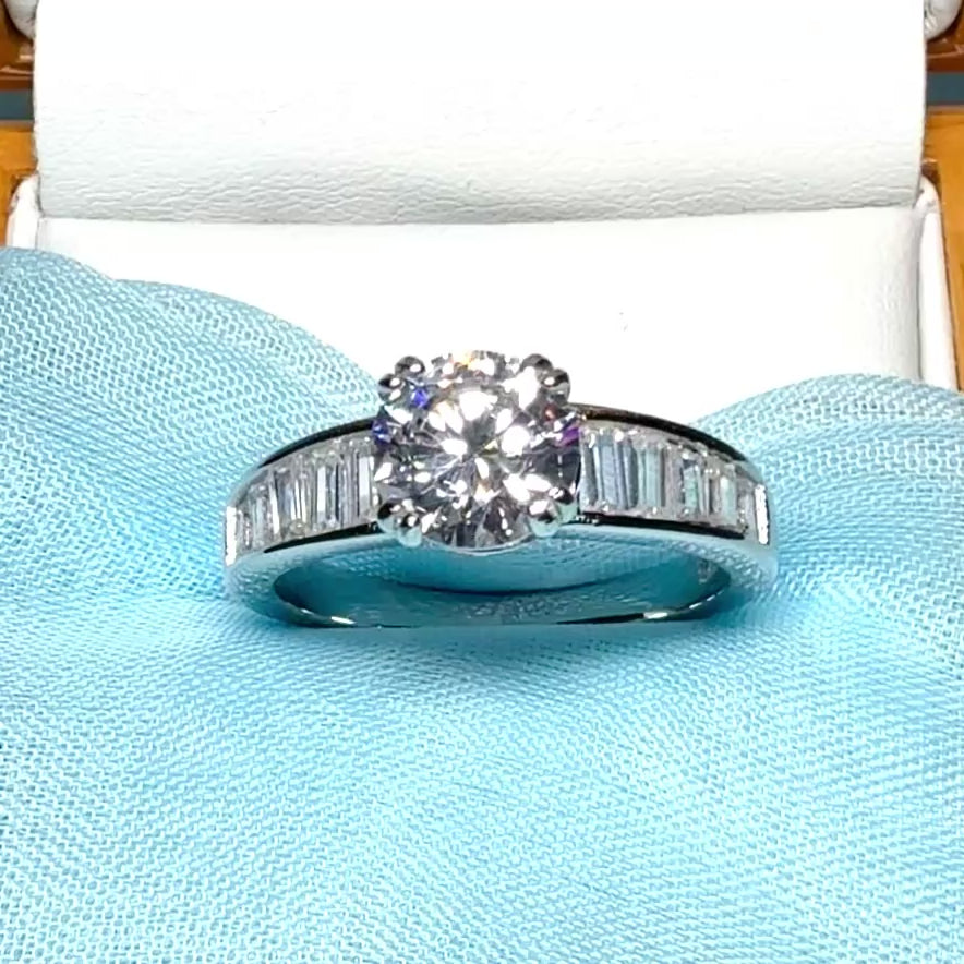 Cubic zirconia engagement ring sterling silver fancy dress with baguette shoulders