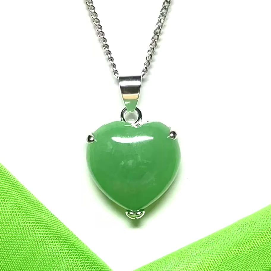 Real green jade Necklace love heart pendant sterling silver