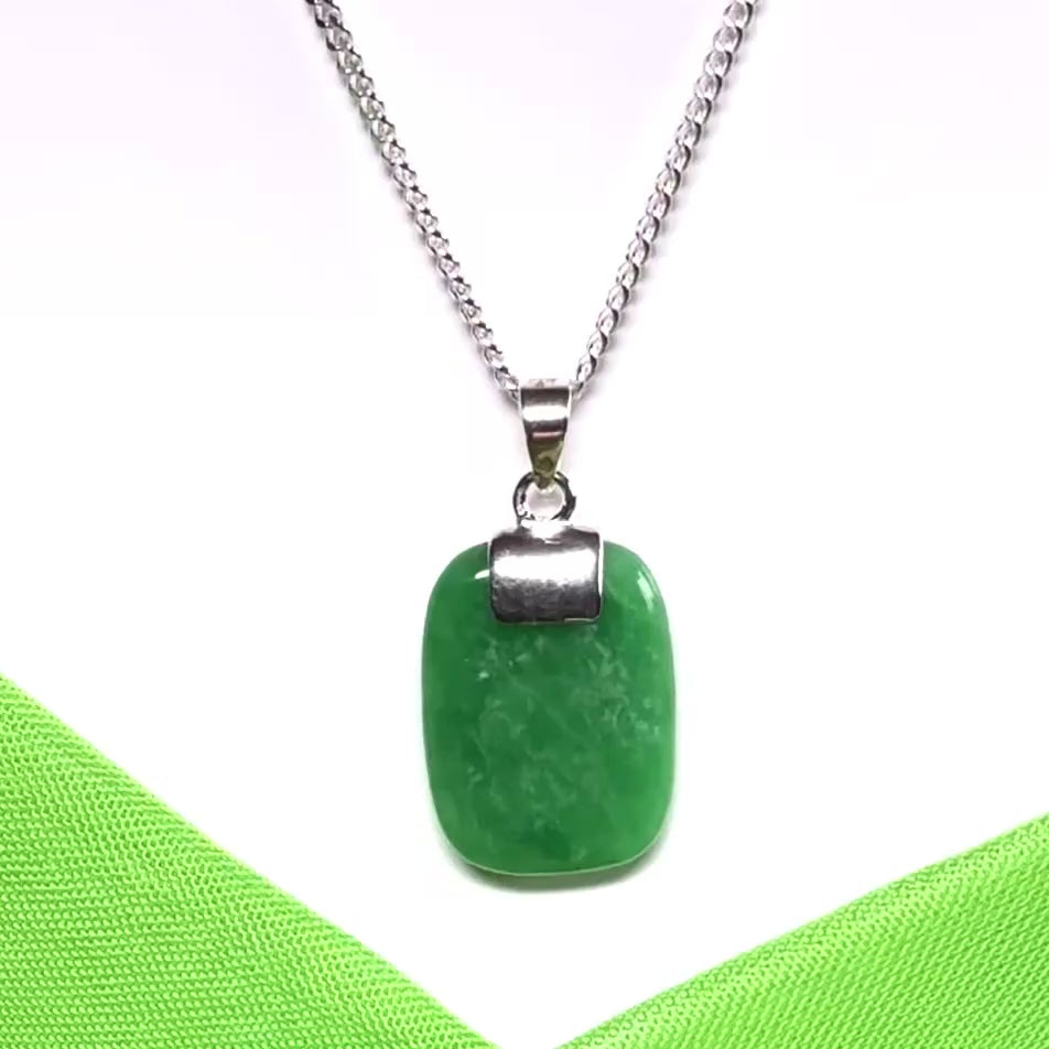 Real green jade necklace cushion shaped stone sterling silver