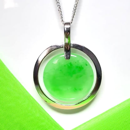 Large sterling silver round shaped green real jade necklace halo styled pendant