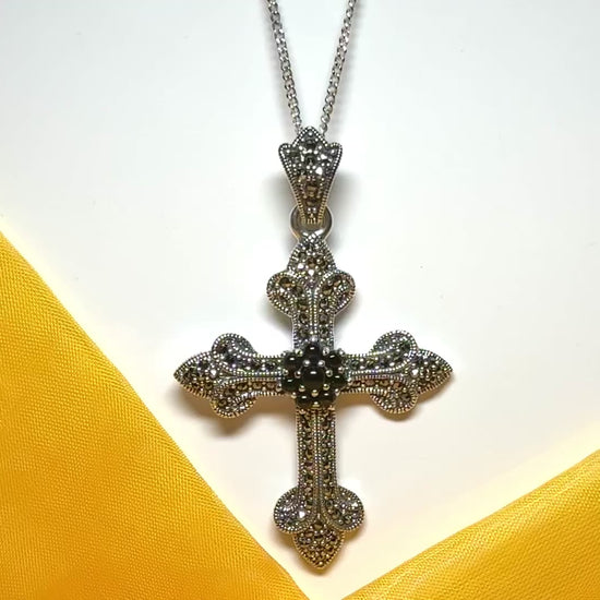 Large real onyx cross with real marcasite and chain sterling silver