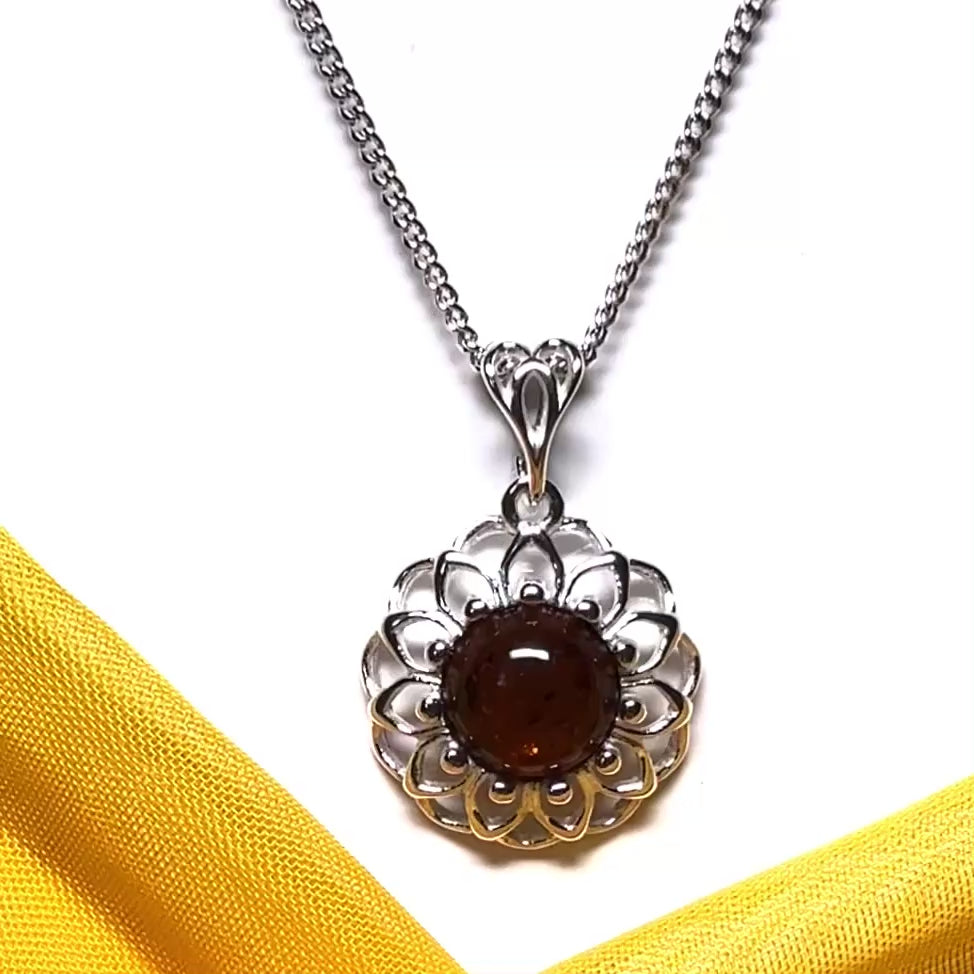 Necklace real amber open pierced round floral designed sterling silver