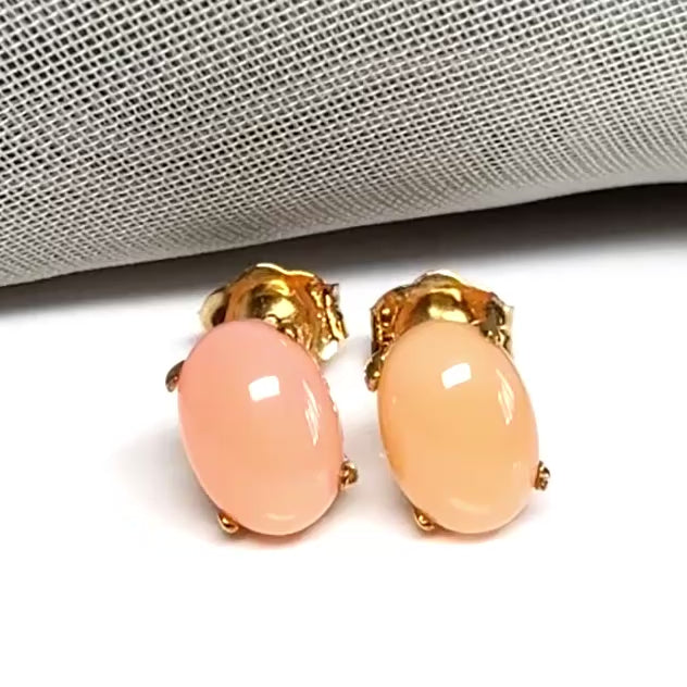 Real coral oval stud earrings yellow gold within a simple four claw setting