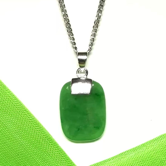 Real green jade necklace cushion shaped stone pendant sterling silver including chain