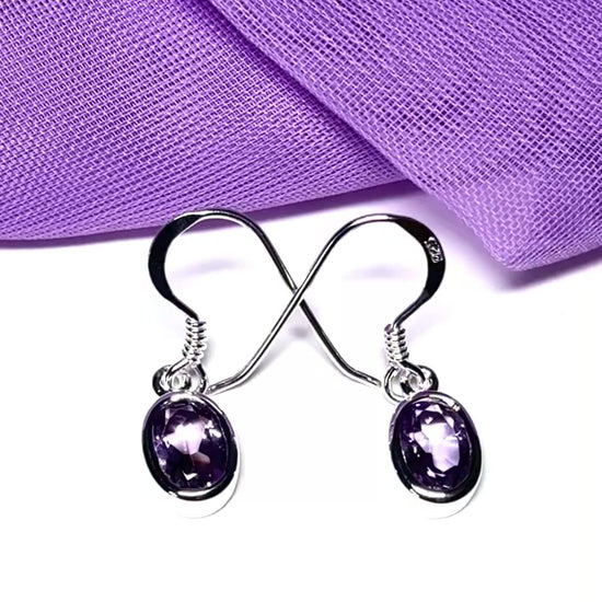 Purple oval shaped amethyst sterling silver drop earrings