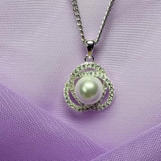 Necklace real freshwater pearl and cubic zirconia trefoil designed sterling silver