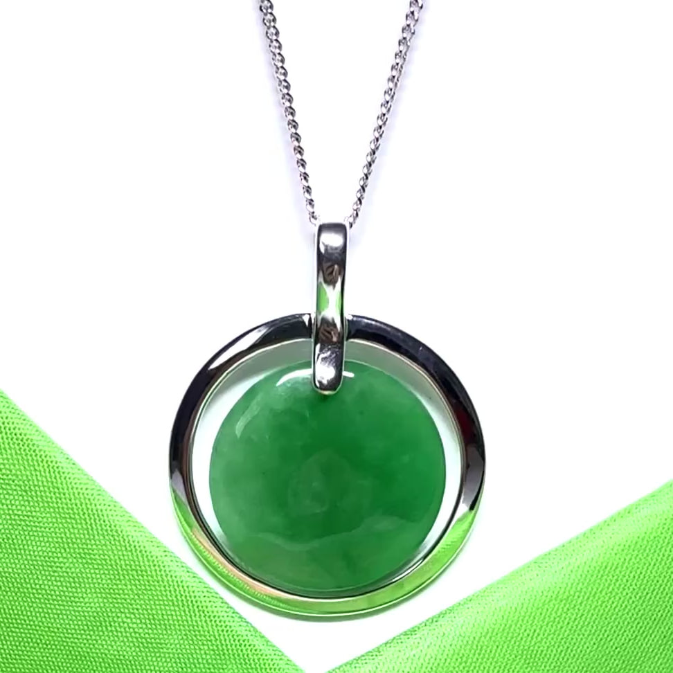 Large necklace sterling silver round shaped green real jade halo styled pendant curb with a chain included