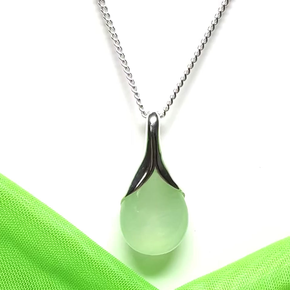 Real green jade necklace tear drop shaped pendant sterling silver