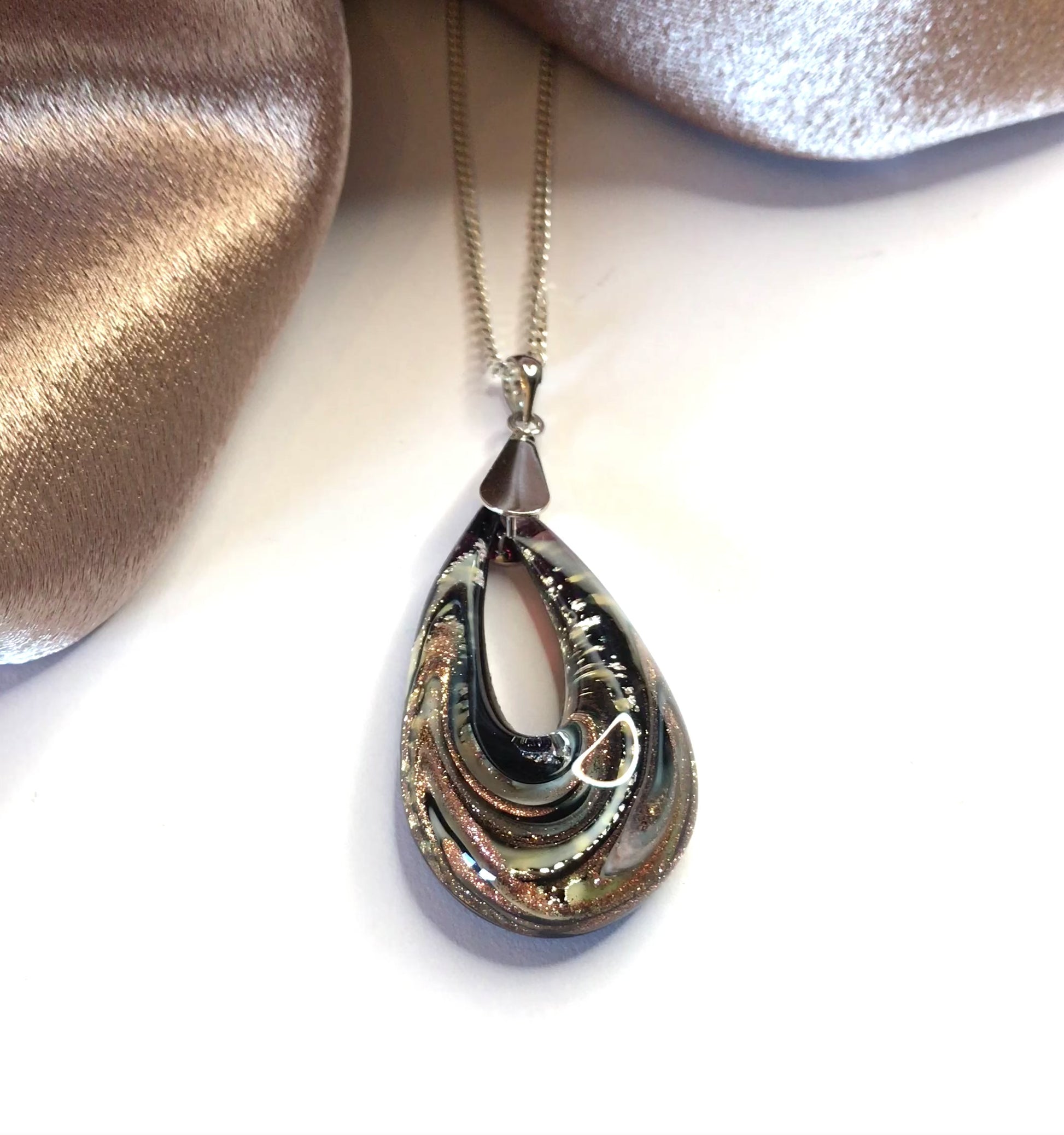 Jade Murano glass green open teardrop pear shaped necklace