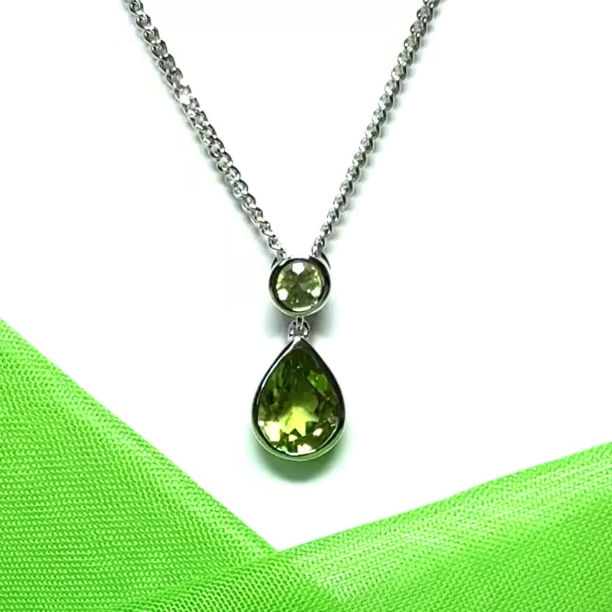 Real green peridot necklace double round and pear teardrop fancy sterling silver pendant with chain