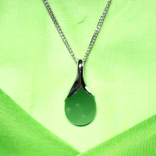 Real green jade necklace pear shaped pendant sterling silver