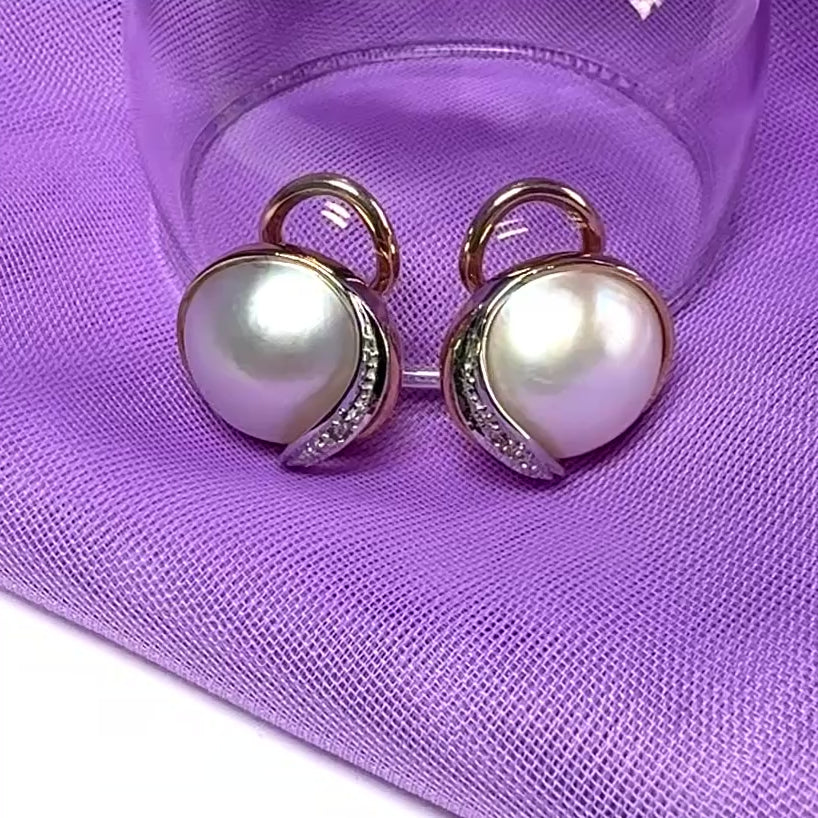 Mabe Pearl And Diamond Round Clip On Stud Earrings 14 mm Yellow Gold