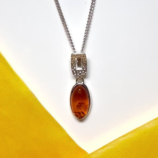 Necklace orange real amber oval drop open sterling silver