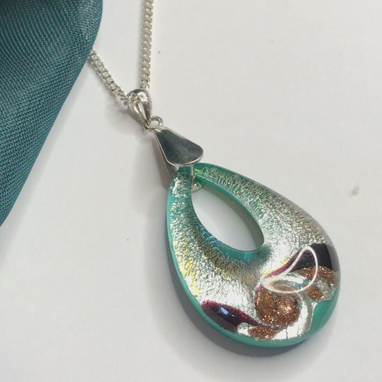Jade Murano glass green open teardrop pear shaped necklace