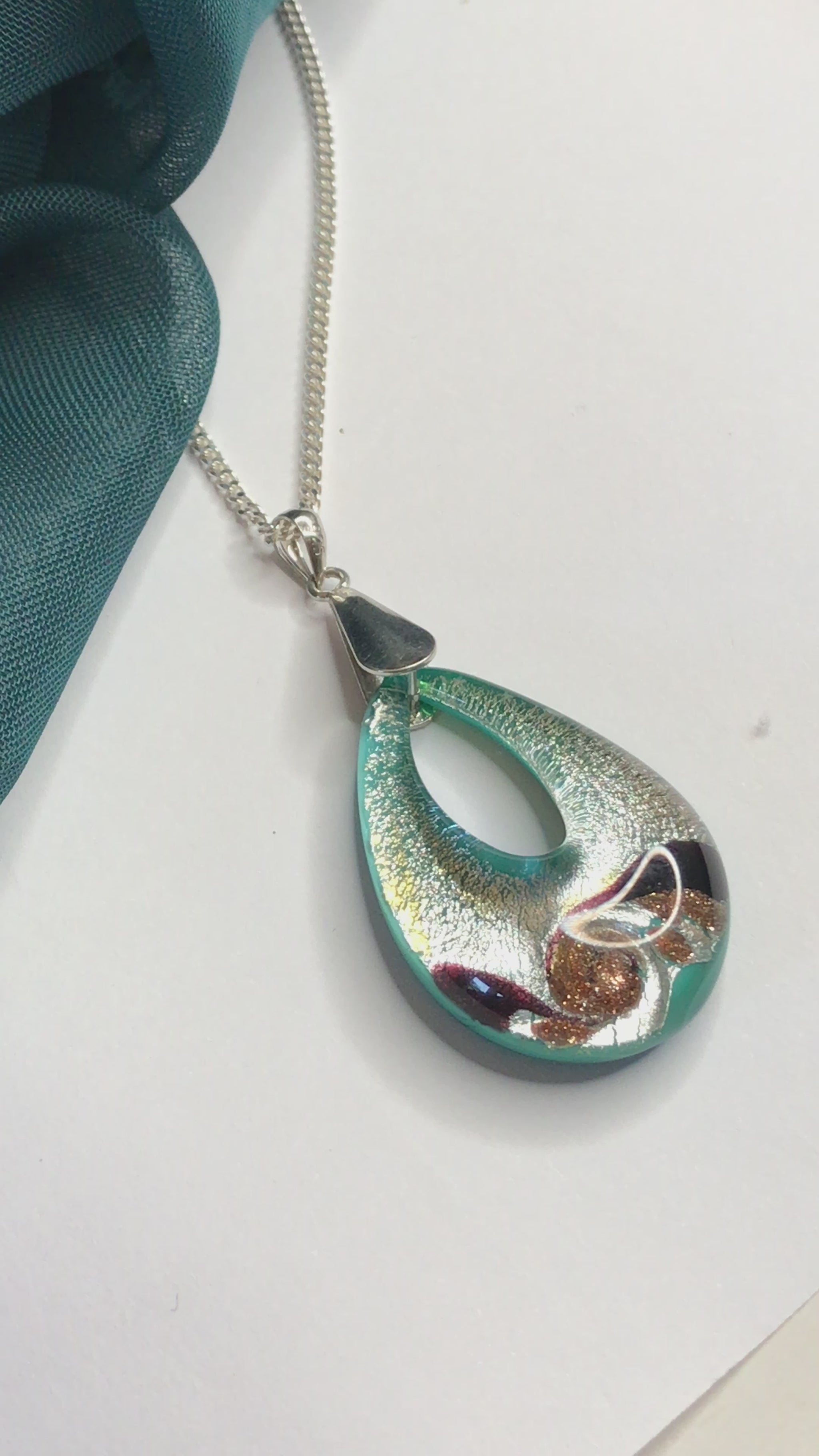 Jade Murano glass green open teardrop pear shaped necklace