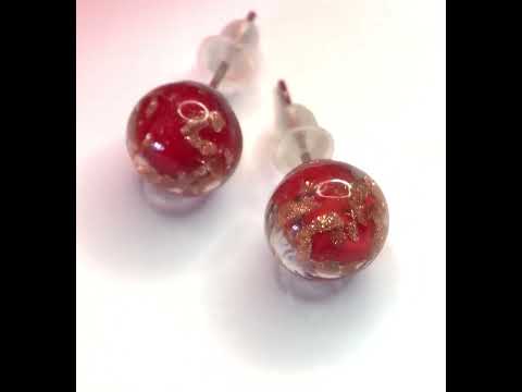 Video f Real Murano Glass Round Ball Shaped Red Stud Earrings