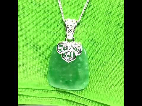 Real green jade necklace large cushion shaped pendant