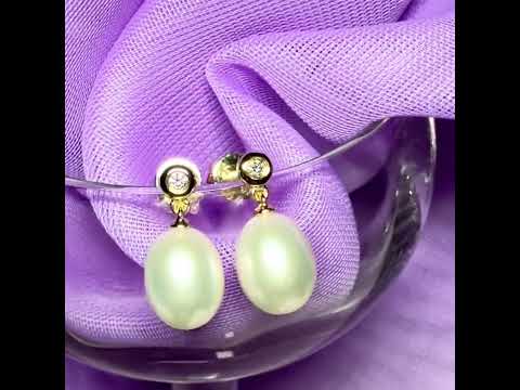 Real freshwater cultured pearl and real diamond yellow gold oval drop earrings