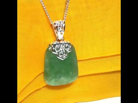 Real green jade necklace sterling silver large cushion shaped, a truly stunning pendant