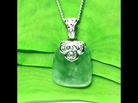 Real jade necklace green sterling silver large cushion shaped, a traditional designed pendant with chain