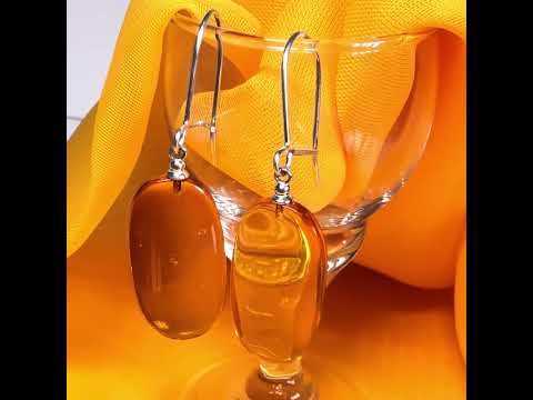 Pair of real amber drop earrings oval shaped sterling silver