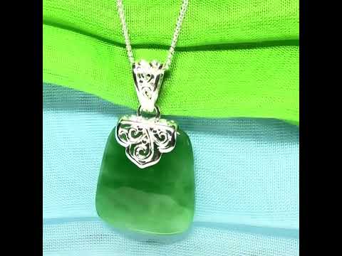 Stunning real jade necklace green sterling silver large cushion shaped, being a really gorgeous designed pendant