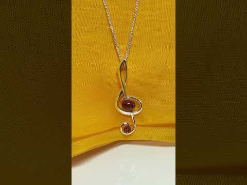 Treble clef necklace musical orange real amber sterling silver pendant