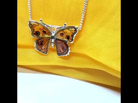 Real amber sterling silver butterfly shaped necklace pendant with chain