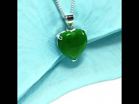 Gorgeous real green jade necklace heart shaped sterling silver, exquisitely designed pendant with chain